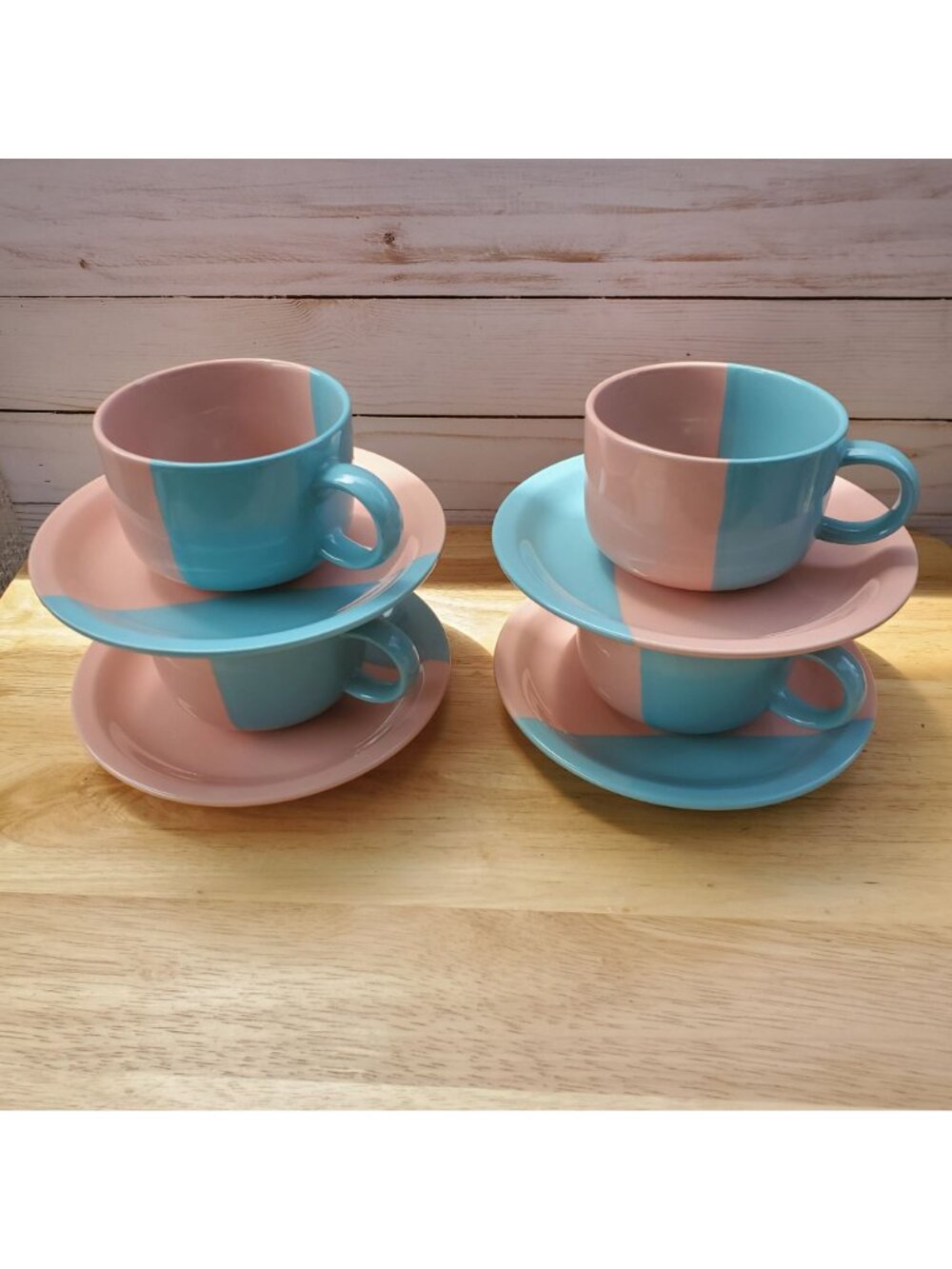 Hand Painted VTG Pier 1 Pink Blue Set Of 4 Coffee Cups And Saucers Japan 1990s - Picture 4 of 16